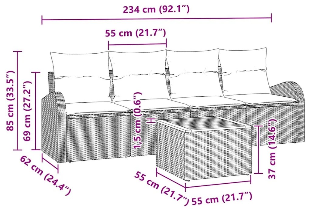 Conjunto de Sofá de 5 Peças para Jardim com Almofadas Bege Polirattan