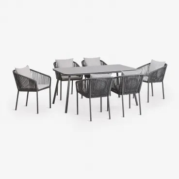 Conjunto De Mesa Retangular 160x90 Cm E 6 Cadeiras De Jardim Em Corda Trançada Arhiza Classic Cinza Grafito - Sklum