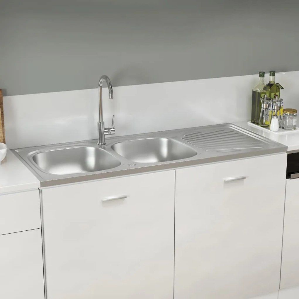 147238 vidaXL Lava-louça cozinha + cuba dupla 1200x500x155 mm inox prateado