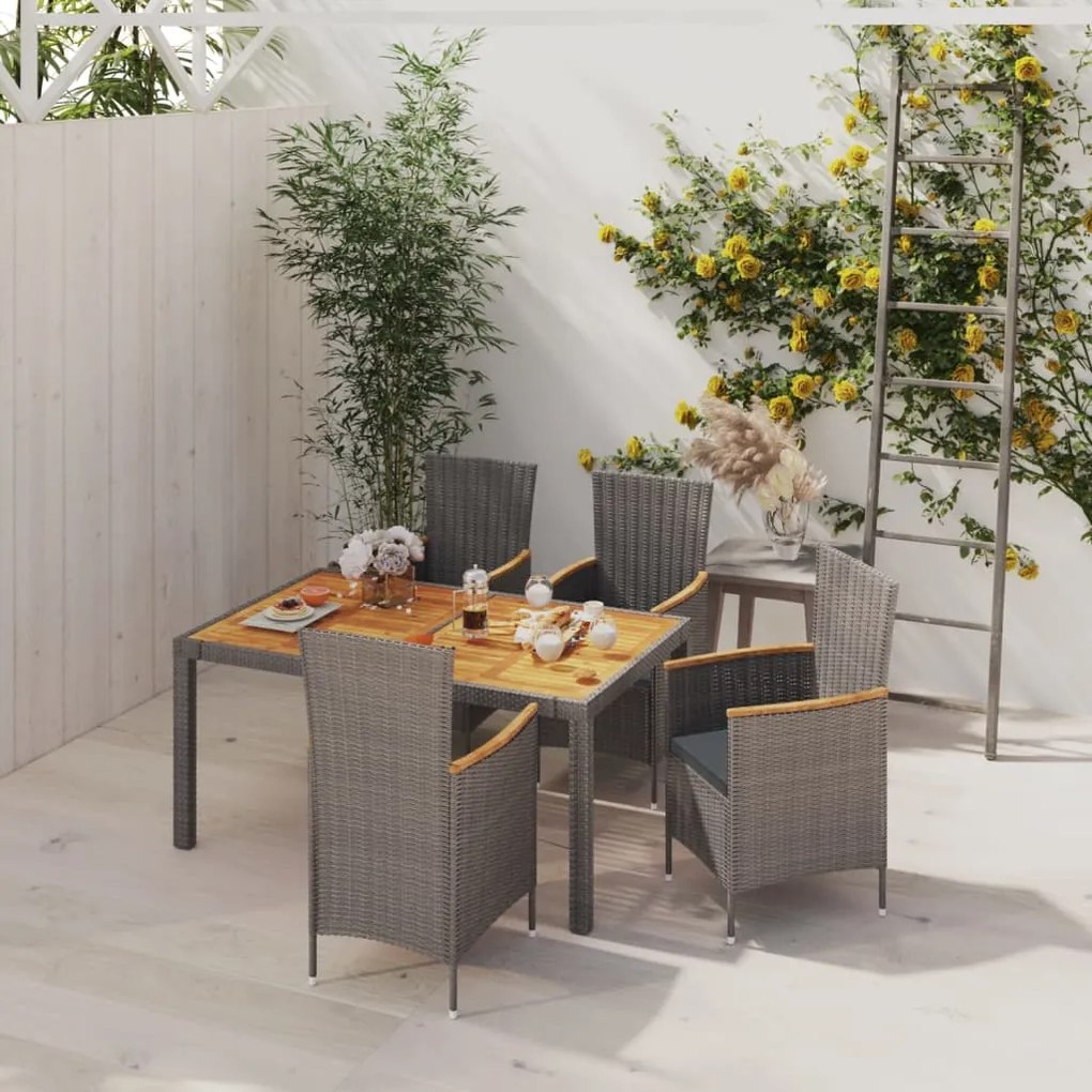 vidaXL 5pcs conjunto de jantar p/ exterior c/ almofadões vime PE cinza