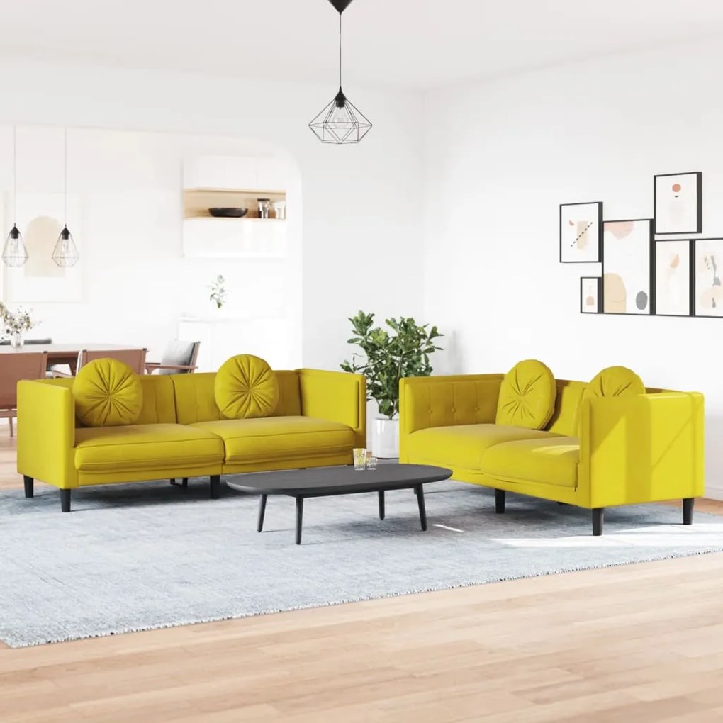 2 pcs conjunto de sofás com almofadas veludo amarelo