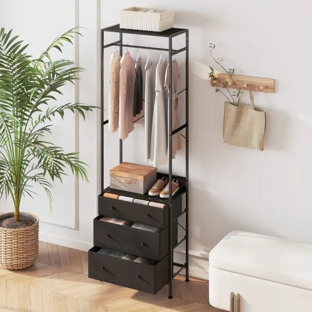 Guarda Roupa com gavetas com barra para pendurar e prateleiras para entrada do quarto 55 x 28 x 176 cm Preto