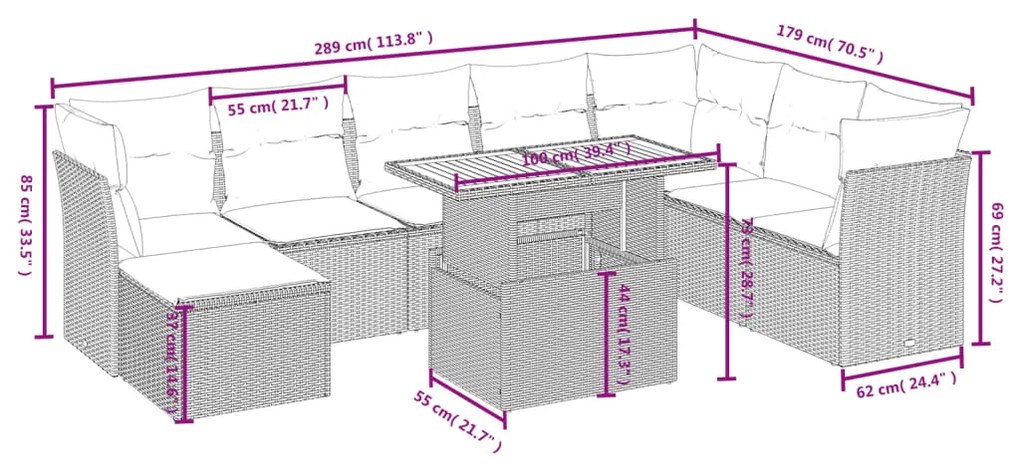 9 pcs conjunto de sofás p/ jardim com almofadões vime PE bege