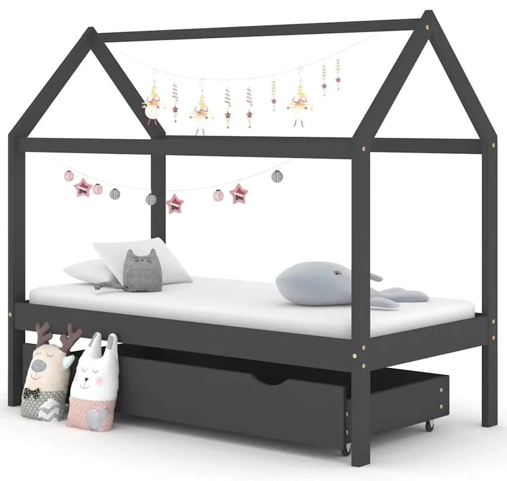 Cama p/ crianças c/ gaveta 80x160 cm pinho maciço cinza-escuro