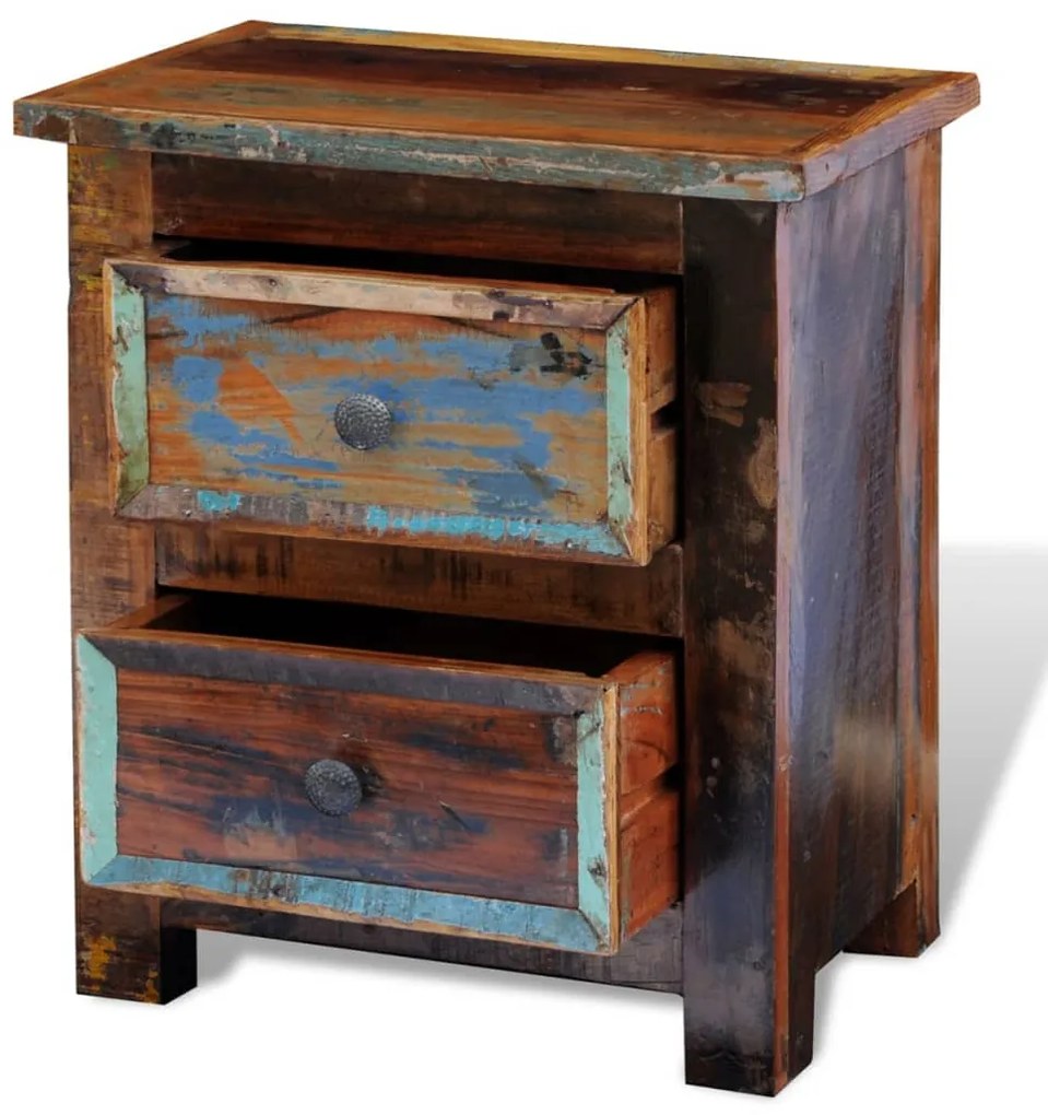 Mesa de cabeceira com 2 gavetas, madeira reciclada maciça