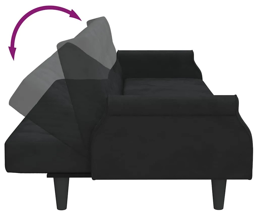 Sofá-cama com apoio de braços veludo preto