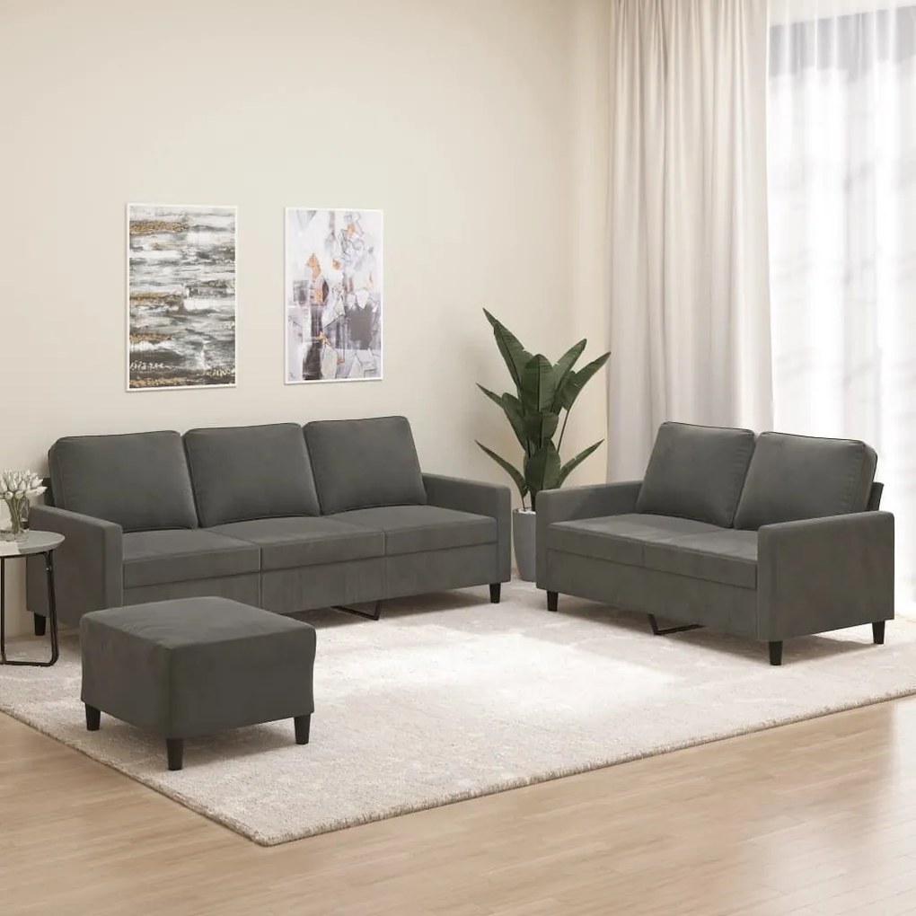 vidaXL 3 pcs conjunto de sofás com almofadões veludo cinzento-escuro