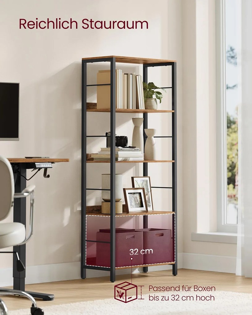 Estante com 5 prateleiras e painéis traseiros em design industrial 30 x 60 x 144 cm Castanho vintage + Preto