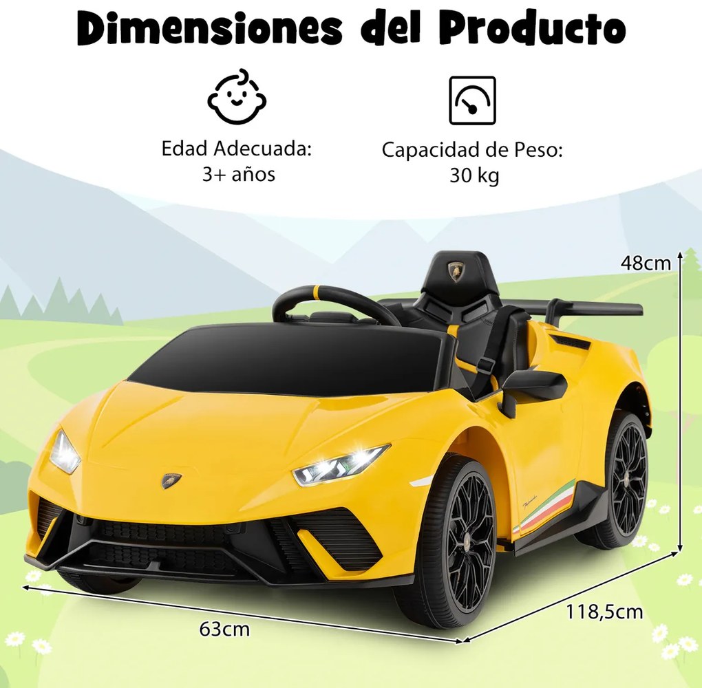 Carro Elétrico Lamborghini Licenciado para Crianças 12V com Controlo Remoto Luzes LED Música Buzina Arranque Suave Amarelo