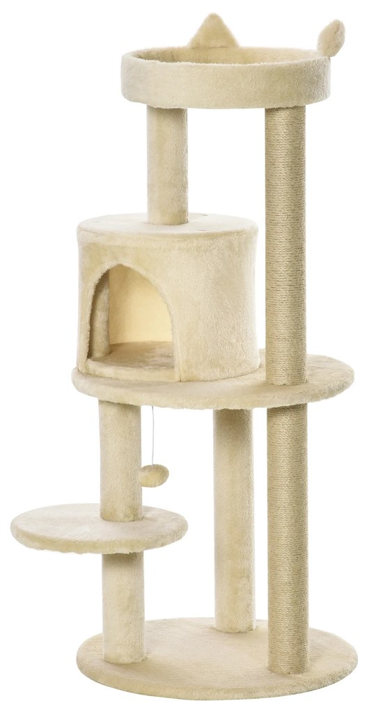 PawHut Árvore Arranhador para Gatos com Plataforma Caverna Postes de Sisal e Bola Suspensa 48x48x104 cm Bege