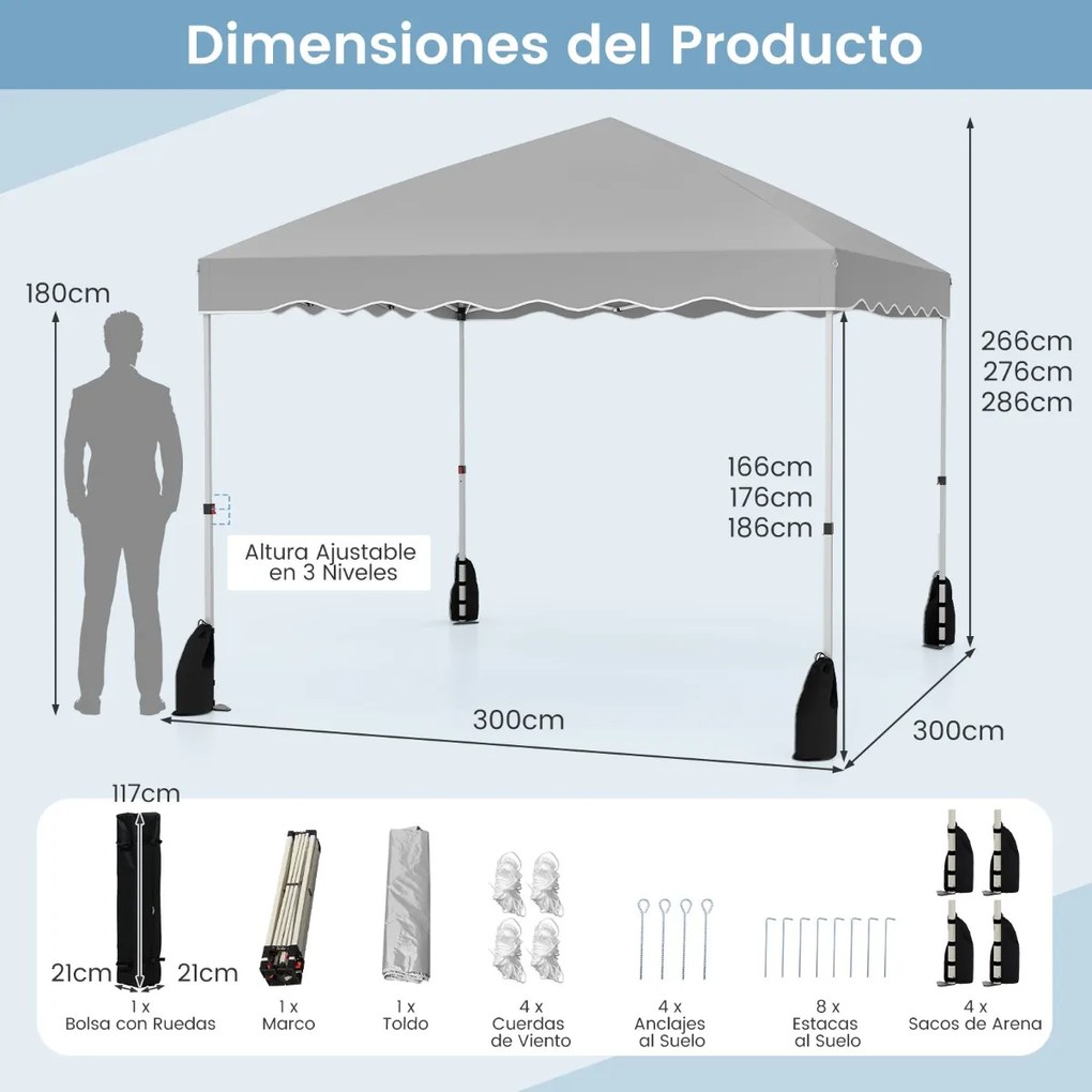 Tenda dobrável portátil com 8 estacas, 4 âncoras, 4 cordas de vento, 4 sacos de areia, 300 x 300 x 266-286 cm - cinza