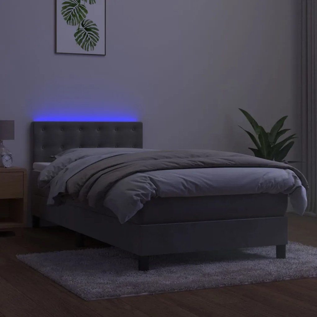 Cama box spring c/ colchão/LED 90x190 cm veludo cinzento-claro