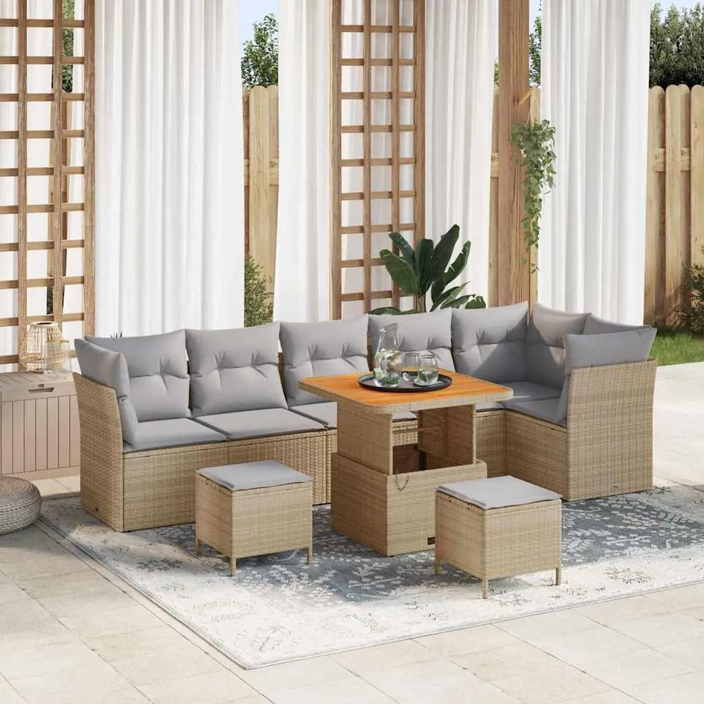 vidaXL Conjunto de Sofá de Jardim com 9 Peças e Almofadas Bege em Polirrattan e Madeira de Acácia