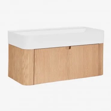 Conjunto De Móvel De Casa De Banho 80x40 Cm Suspenso Em Madeira Com Lavatório Integrado Saioa Madeira Natural - Sklum