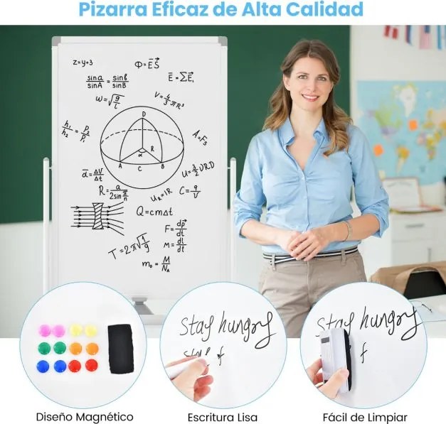 Quadro magnético móvel para apagar a seco 60x90cm Dupla face com suporte Rodas 360° Altura ajustável 151-178cm na escola Escritório Branco
