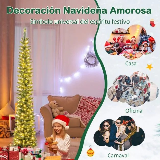 Árvore de Natal artificial pré-iluminada de 210 cm com 200 luzes LED brancas quentes em forma de lápis Verde