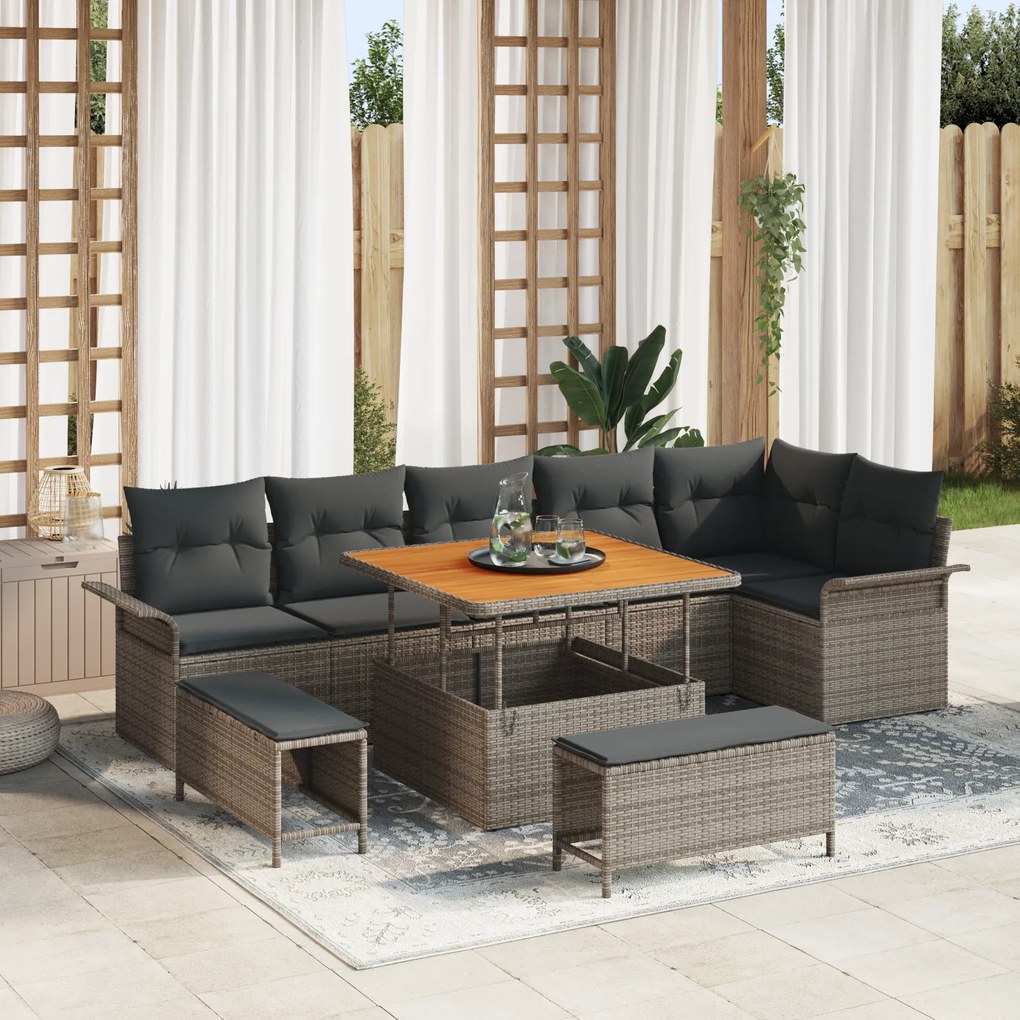 Conjunto de Sofá de Jardim com 9 Peças com Almofadas Cinzas Rattan Pol