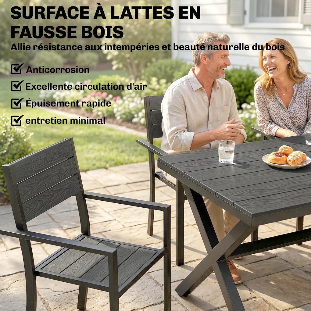 Conjunto de jantar de jardim de 7 peças para 6 pessoas, mesa e cadeiras empilháveis com ripas com efeito de madeira, estrutura em alumínio, cinzento