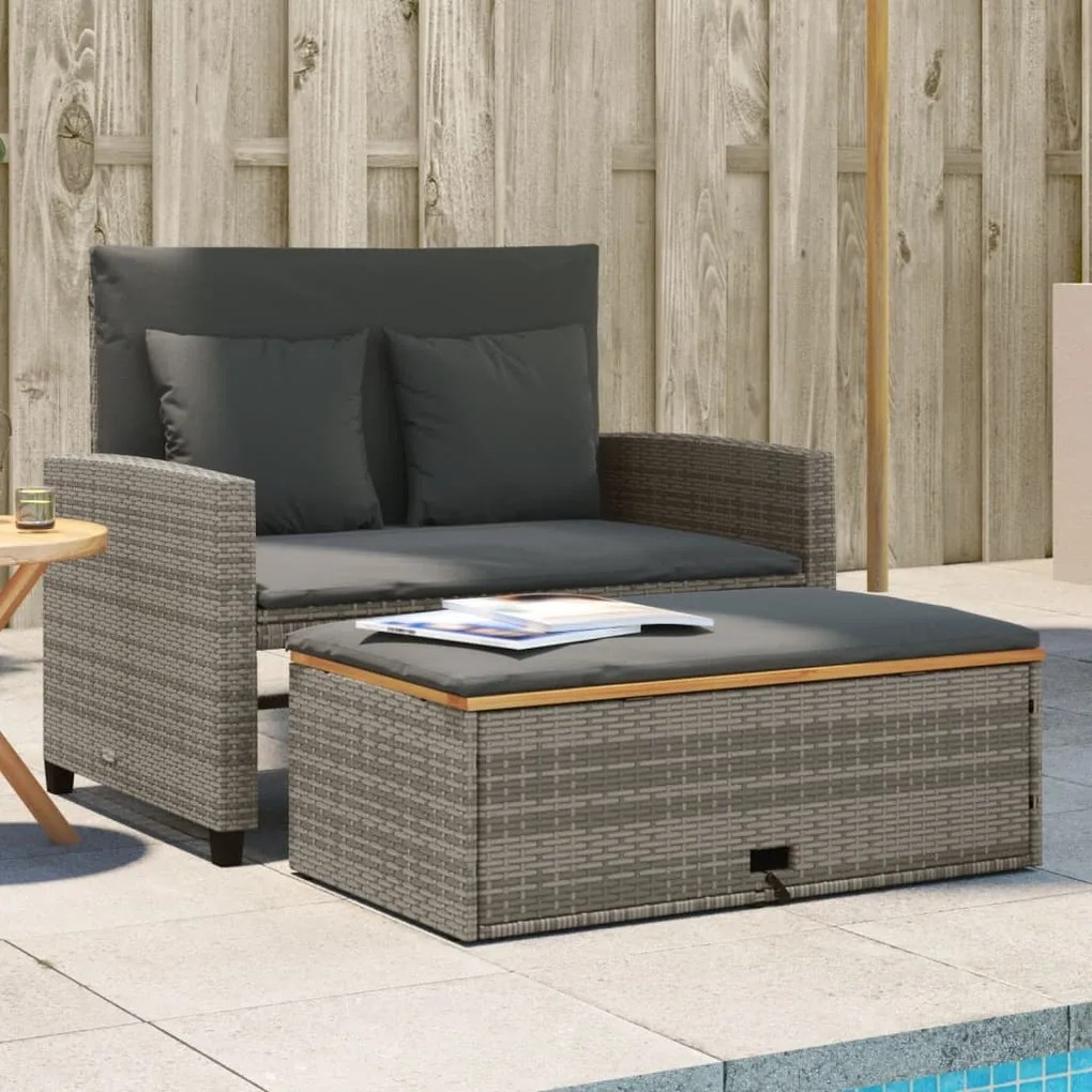 vidaXL Sofá jardim c/ almofadões 2 lugares vime PE/acácia maciça cinza
