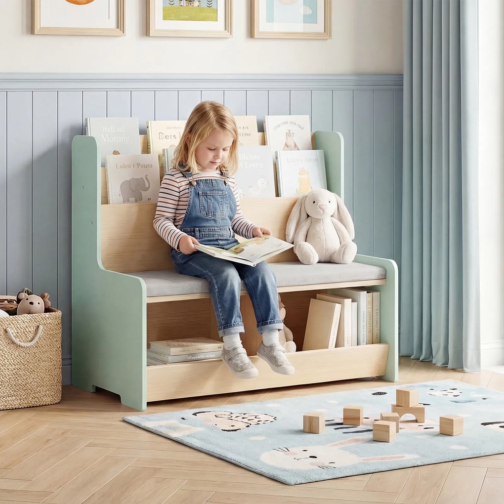 Banco com arrumação infantil 80 x 48 x 74,5 cm, 3 em 1, almofada acolchoada, capa removível, estante e compartimentos abertos para crianças a partir
