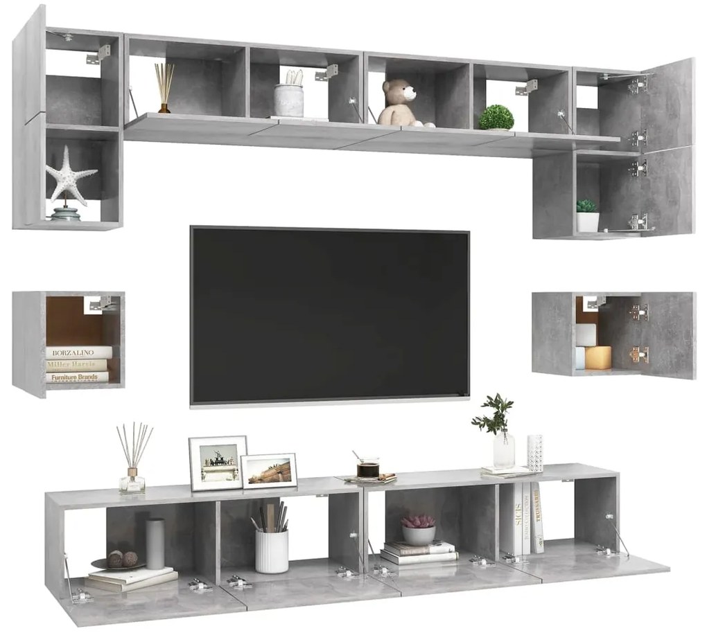 8 pcs conjunto de móveis TV derivados madeira cinzento cimento