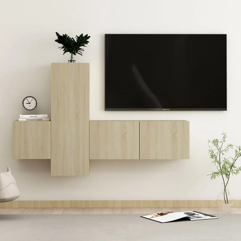 3 pcs conjunto móveis de TV derivados madeira carvalho sonoma