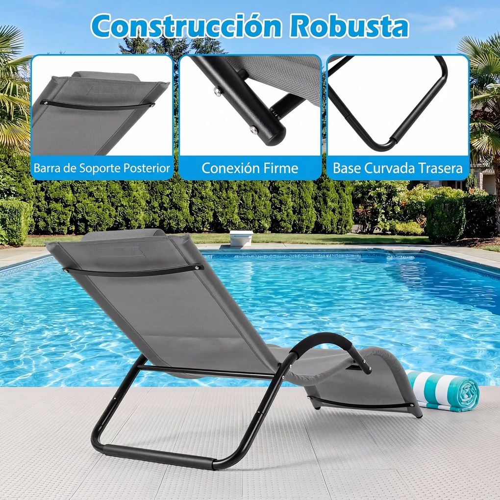Conjunto de 2 espreguiçadeiras de exterior com estrutura curva, encosto de cabeça removível e apoios de braços ergonómicos para jardim, ou praia, cinz