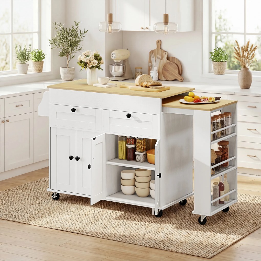 Ilha central de cozinha com tampo extensível, carrinho de cozinha com Rodas, 2 gavetas e 4 portas, branco