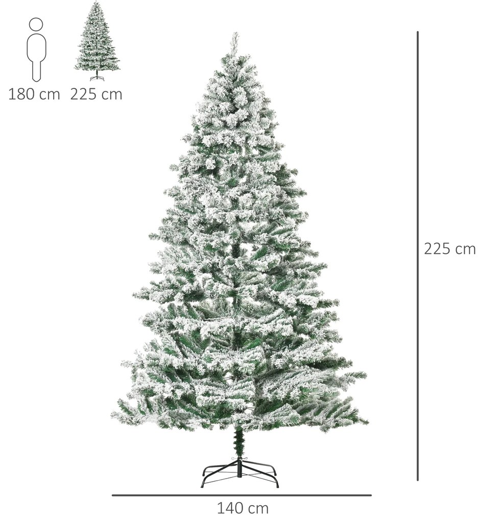 Árvore de Natal Ø140x225cm Neve Artificial com 1083 Pontas de PVC Base Dobrável e Suporte de Metal Decoração de Natal para Interiores Verde e Branco
