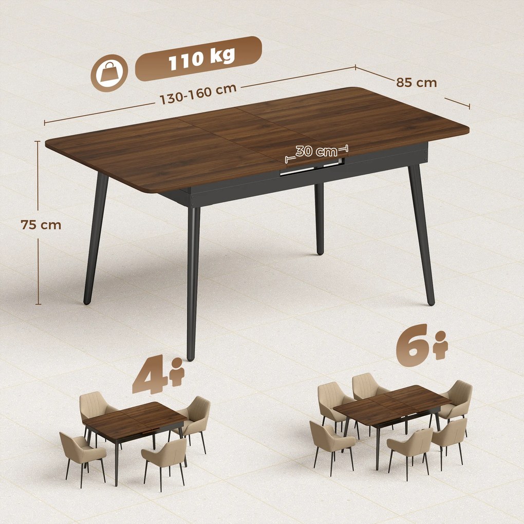 Mesa de Jantar Extensível para 4-6 Pessoas (CADEIRAS NÃO INCLUIDAS) Estilo Industrial Cantos Arredondados 130-160x85x75 cm cor Nogueira
