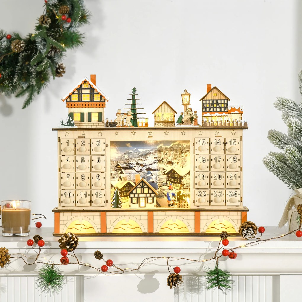 HOMCOM Calendário de Advento Calendário de Advento de Madeira com Luzes e 24 Gavetas de Contagem Regressiva Decoração de Natal 44x10x37 cm Madeira