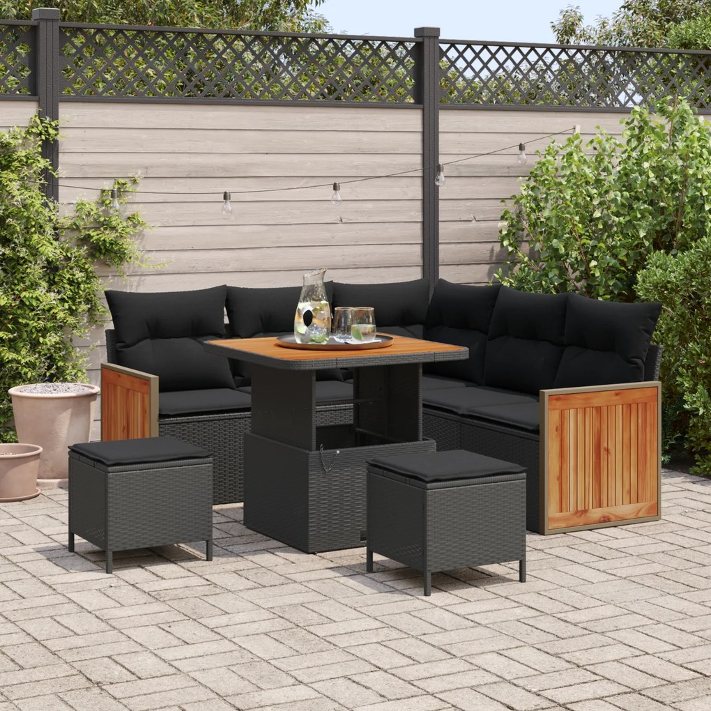 Conjunto de Sofá de Jardim vidaXL 8 Peças com Almofadas Preto Rattan P