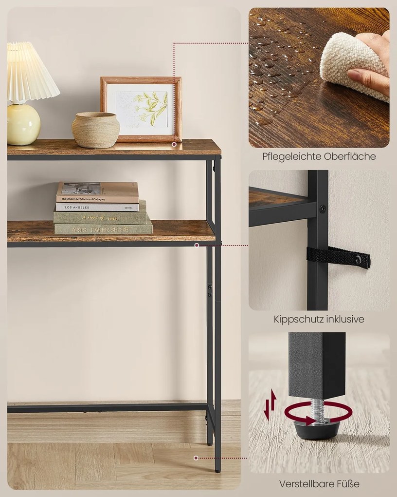 Mesa consola com 2 prateleiras 20 x 100 x 80 cm castanho vintage-Preto