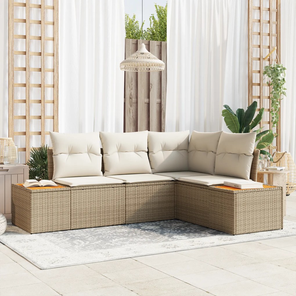 Conjunto de Sofá para Jardim de 4 Peças com Almofadas Bege Rattan Sintético Acácia