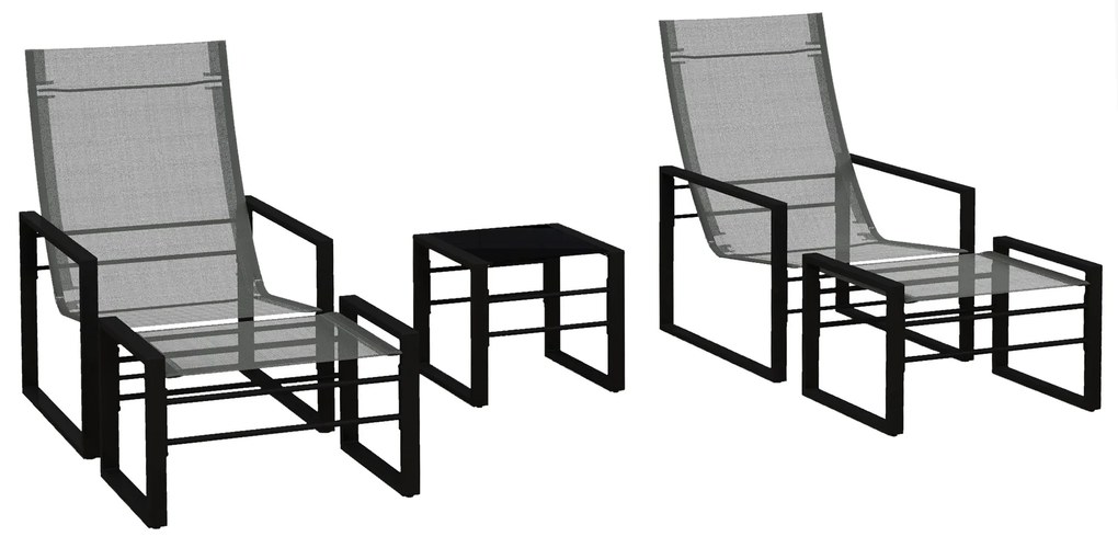 Outsunny Sala de Jardim 5 Peças 2 Lugares com 2 Cadeiras 2 Apoios de Pés e 1 Mesa Metal Preto Assento em Tecido de Malha Cinza | Aosom Portugal