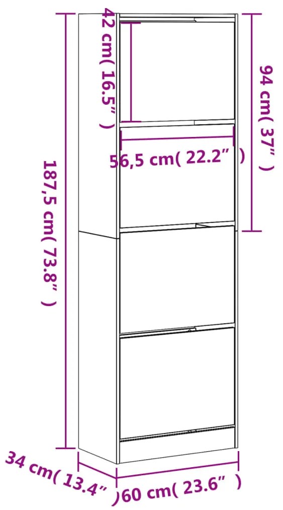Sapateira 4 gavetas articuladas 60x34x187,5 cm carvalho sonoma