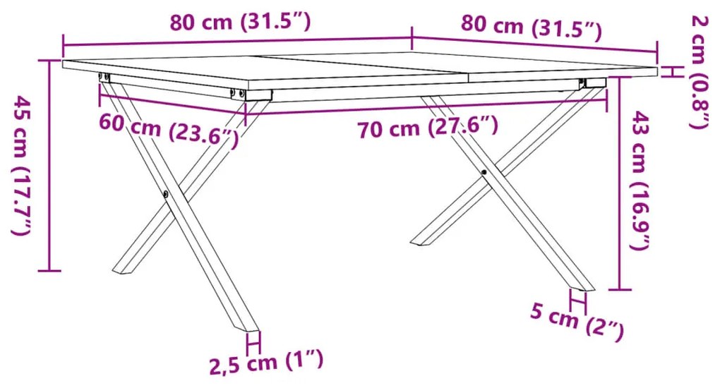 Mesa de centro estrutura em X 80x80x45 cm pinho e ferro fundido