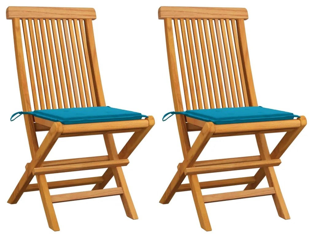 Cadeiras de jardim c/ almofadões azuis 2 pcs teca maciça