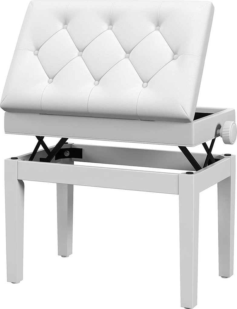 Banco de piano 55 x 33 x 48-58 cm ajustável em altura em madeira maciça, compartimento de arrumação,, branco