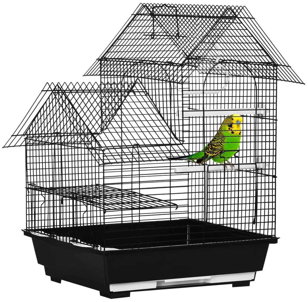 PawHut Gaiola para Pássaros 39x33x47cm com 3 Portas 2 Comedouros 2 Poleiros Baloiço Bandeja Amovível e Alça de Transporte Preto | Aosom Portugal