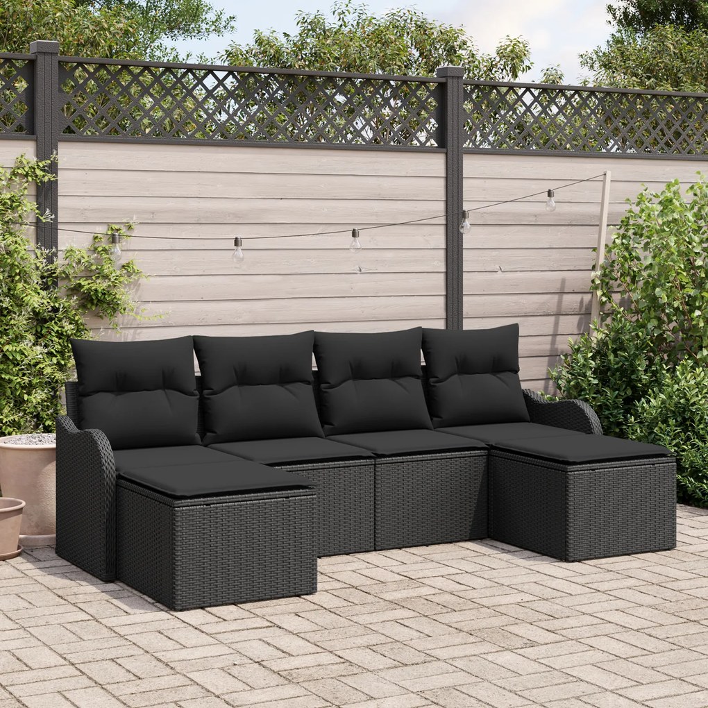 Conjunto de Sofá de Jardim de 6 peças com Almofadas Preto de Rattan Po