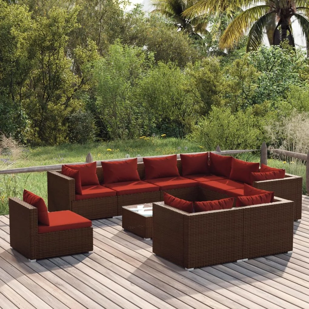 vidaXL 10 pcs conjunto lounge de jardim c/ almofadões vime PE castanho