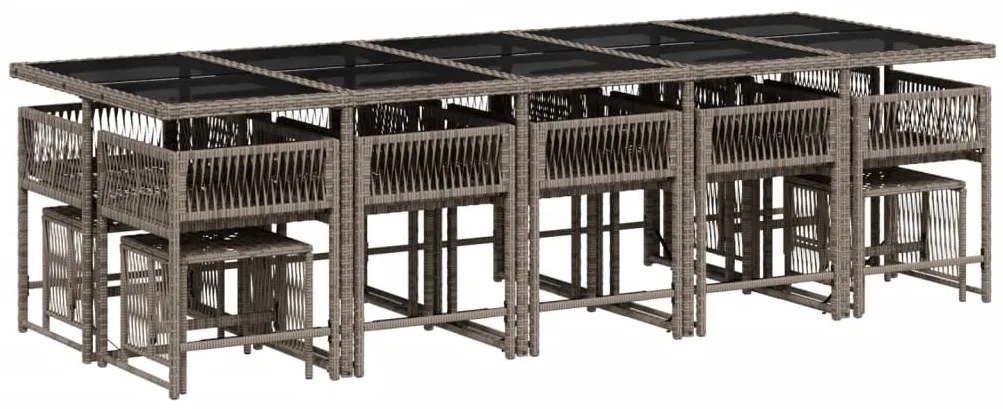 15 pcs conjunto jantar p/ jardim c/ almofadões vime PE cinzento