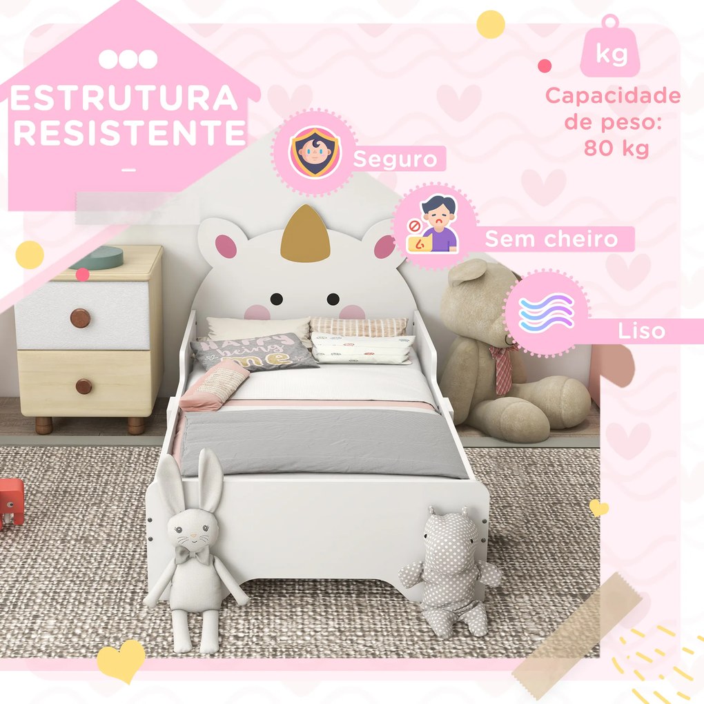 Cama para Crianças de 3-6 Anos 143x74x67 cm Cama Infantil de Madeira em Forma de Unicornio Branco