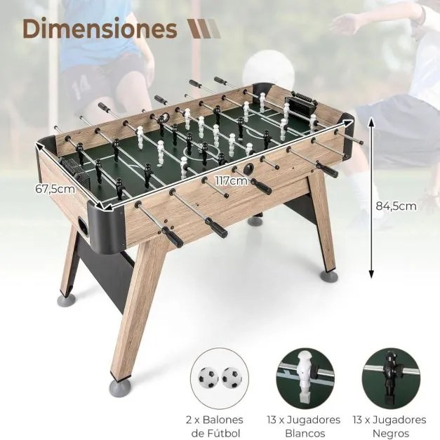 Mesa de matraquilhos de 117 x 67,5 x 84,5 cm Jogo de Futebol de Mesa Arcade com 2 Bolas Natural