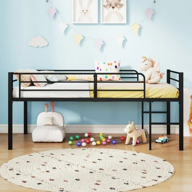 Cama Criança 198,5 x 96 x 88 cm tipo alta (COLCHÃO NÃO INCLUIDO) com baixa estrutura metálica com grades de segurança e 2 escadas com degraus metálico