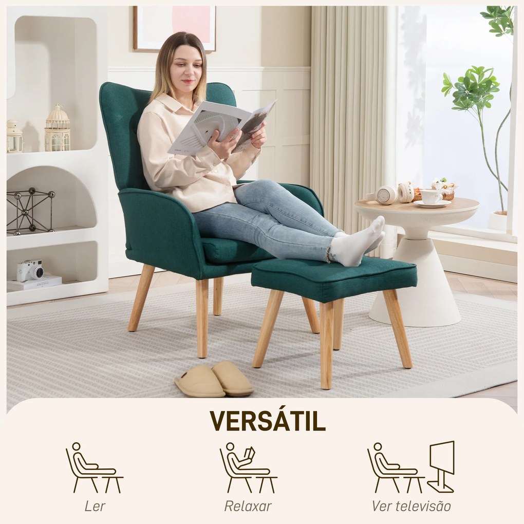 Poltrona com Apoio para Pés Poltrona de Leitura com Capitonê Pés de Madeira e Revestimento em Linho 70x72x94 cm Verde Escuro