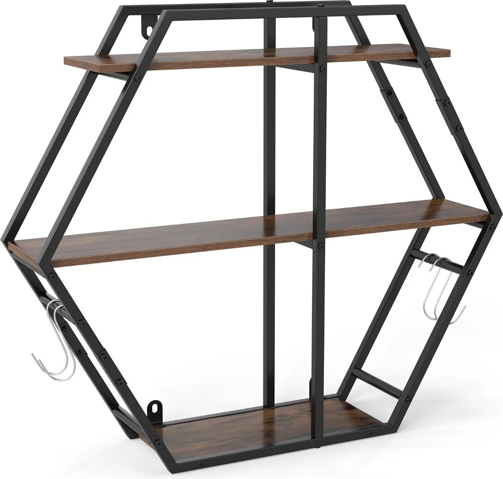 Prateleira hexagonal de parede 80 x 18 x 69,5 cm com 3 níveis flutuantes com ganchos de metal e madeira para quarto, sala de estar, café