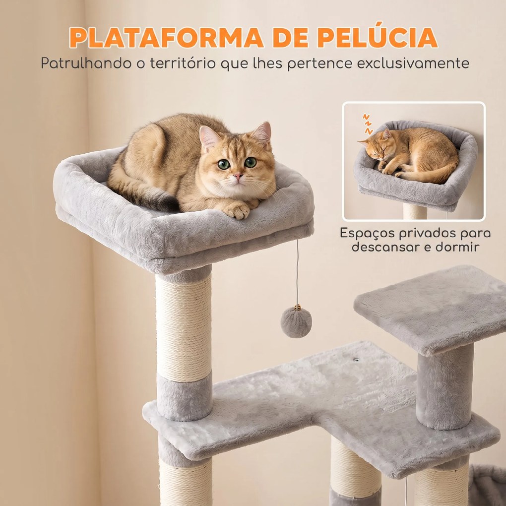 Árvore Arranhadora para Gatos 152 cm Multinível com Casinha Rede Cama Escada Arranhadora 4 Postes de Sisal e Bolas Cinza Claro