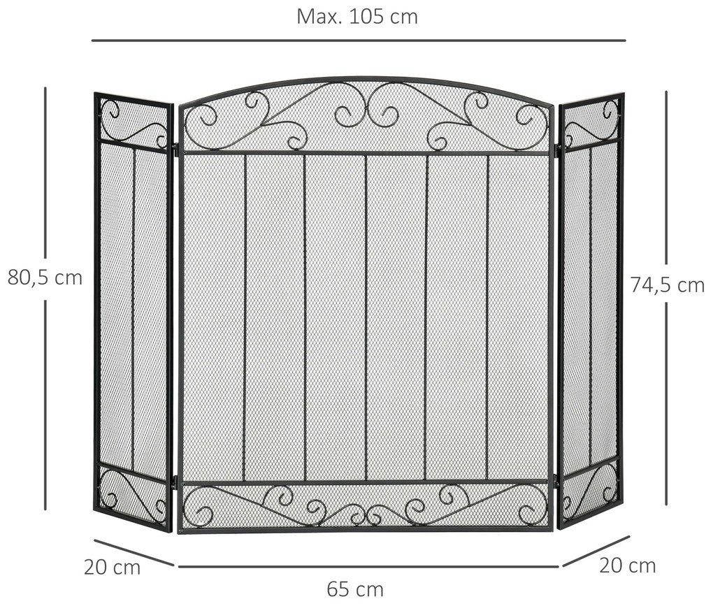 Protetor Dobrável para Lareira Protetor para Lareiras com 3 Painéis Dobradiças Estrutura de Metal e Arame Decorativo 105x80,5cm Preto